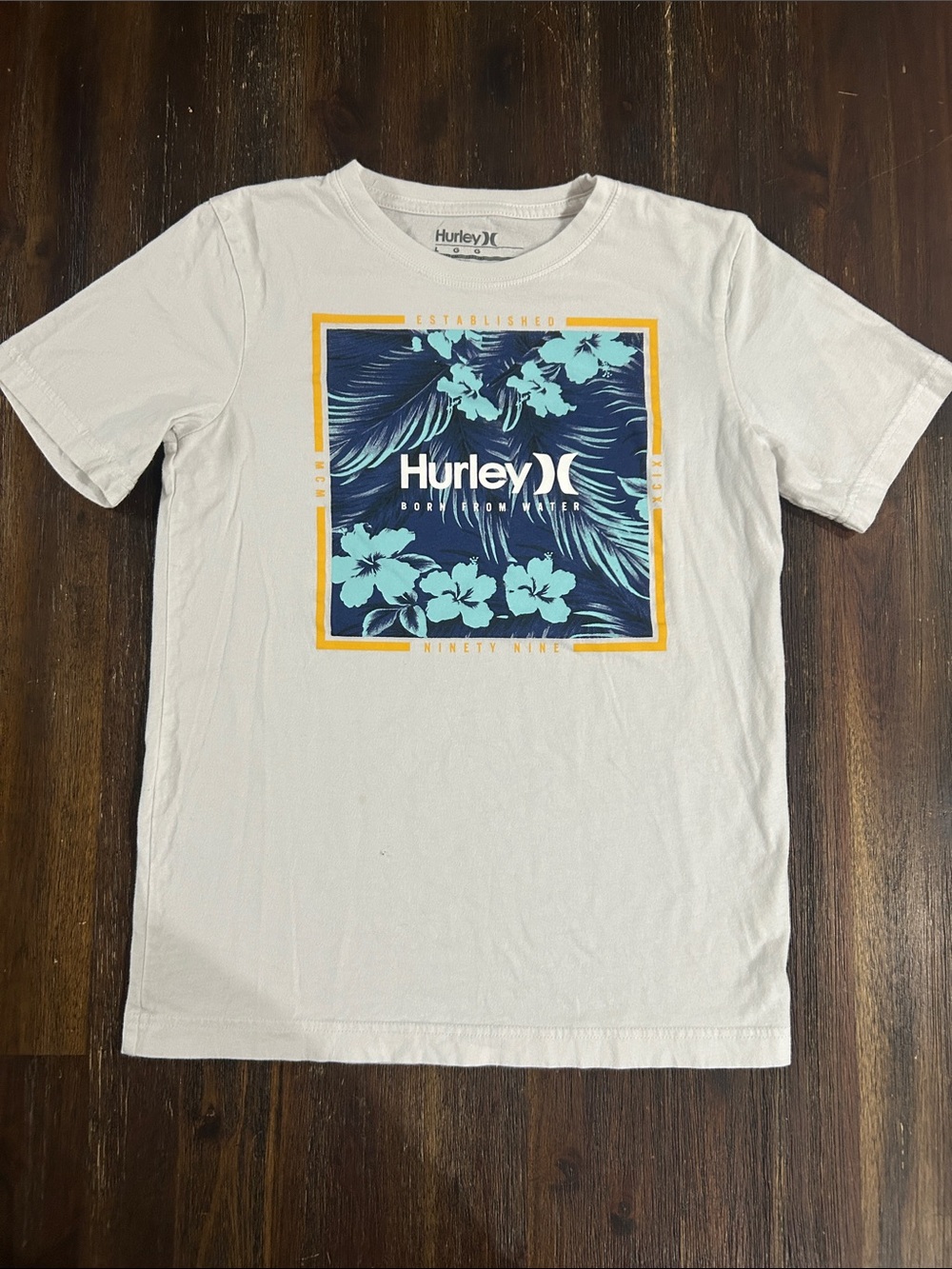 Hurley White Tee with Navy and Aqua Floral Square and Yellow Trim